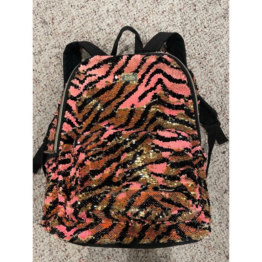 Girls' Backpack-Justice Pink Black Gold Flip-Sequin Zebra (Back to School)